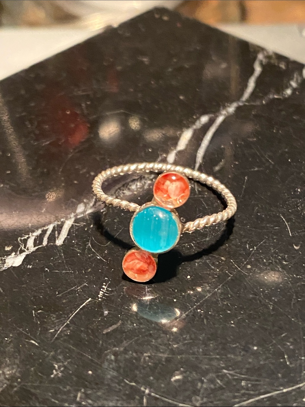 Sterling-Style Silver Ring with Turquoise Center and Coral Accents